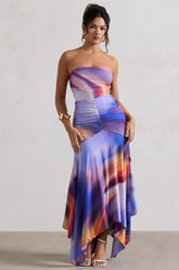 Ombre Print Ruched Bandeau Midi Dress